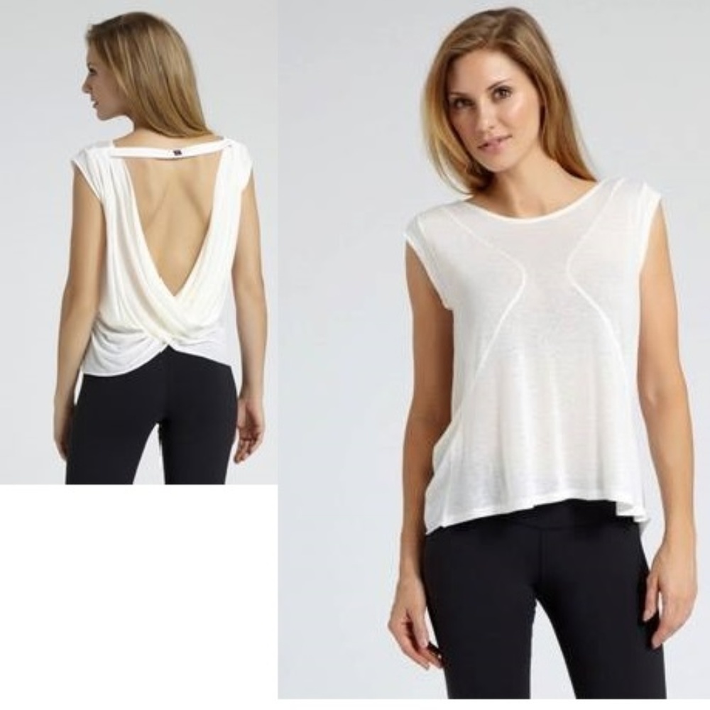 Zobha  Activewear Sheer Drape Back White Top, L